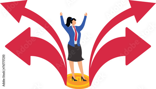 Development and Growth, Favorable Advantage, Investing in Profit or Revenue Growth, Improving and Enhancing Marketing Performance, Training or Skills Upgrading, Businesswoman Standing Between Four Upw