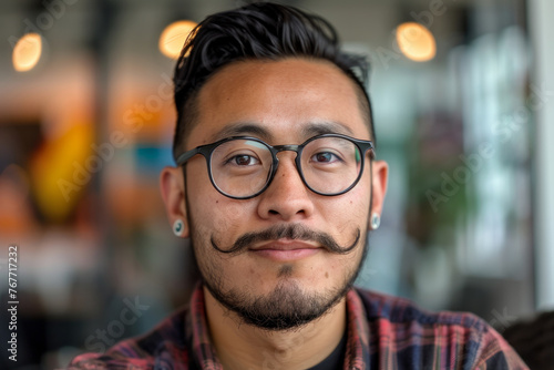 A man with glasses and a beard is smiling. He is wearing a grey shirt. The image has a casual and friendly mood. portrait of an employee, mexican, medium close up, in a conferencing