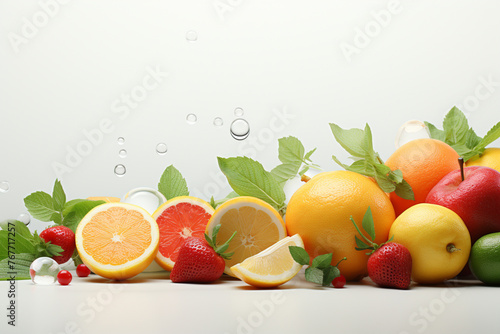 Fresh fruits with mint leaves and water drops on white background, closeup