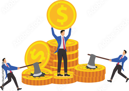 Dangerous and risky investments, investment losses or bankruptcy, signals of crisis in the investment market, axes chopping up the gold coins invested by businessmen