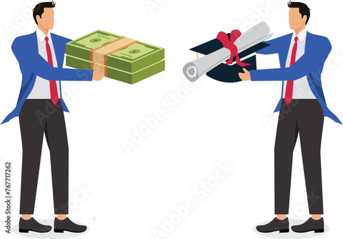 Purchase of diplomas or honorary certificates, education fees, student loans or education fees and debts, money in Businessman hand to purchase honorary certificates