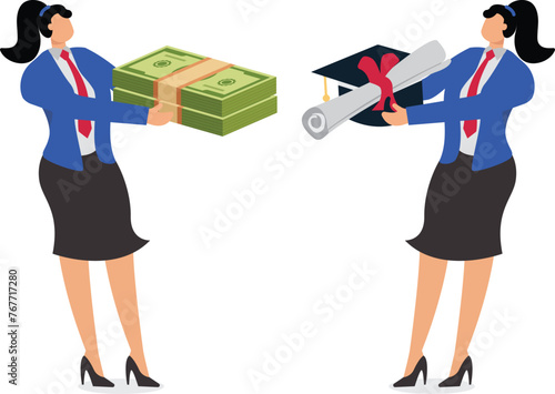 Purchase of diplomas or honorary certificates, education fees, student loans or education fees and debts, money in Businesswoman hand to purchase honorary certificates