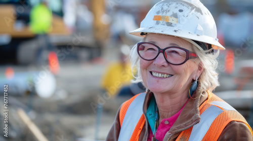 An older woman, in a hard hat and work vest, smirks while at a construction site. photo