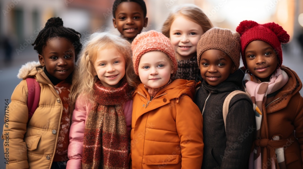 Diverse group of multiethnic children standing together and smiling at the camera in unity