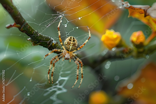 a close up of a spider on a web on a tree branch with water droplets on it's back and a blurry background of leaves and yellow flowers. © john