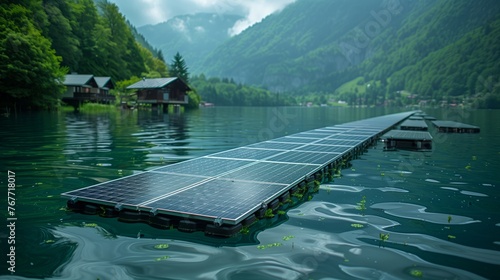 Solar panels on a floating dock in the middle of a lake