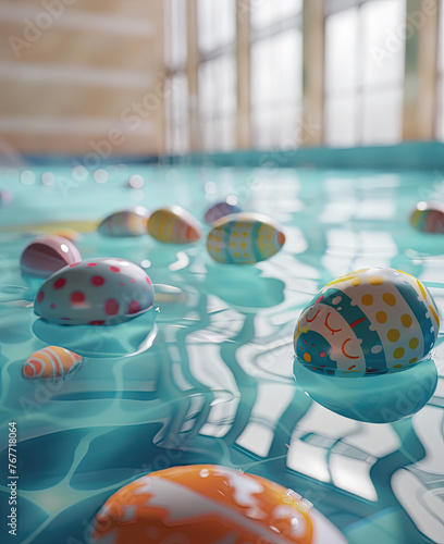 Easter eggs floating in an indoor pool