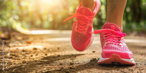 Cropped shot view of woman's hands tie shoelaces while standing on road for jogging against sunset, young athletic female tying the laces on her running shoes while taking break during intense workout