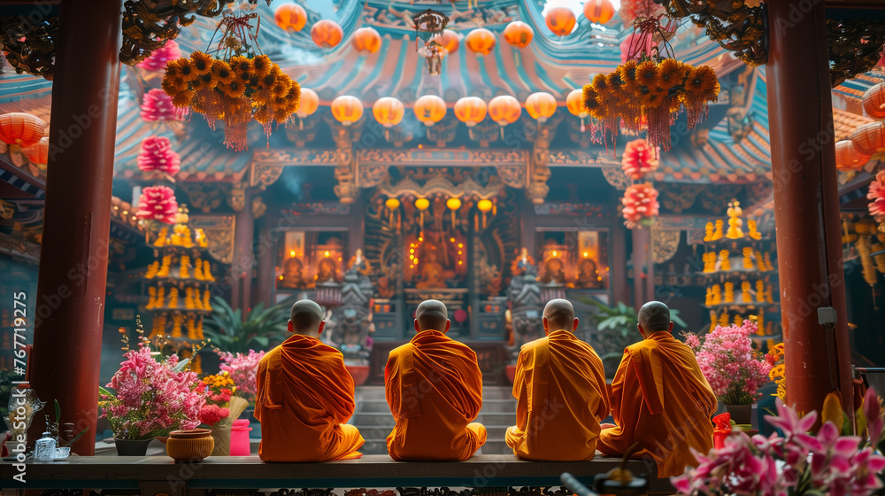 Naklejka premium Buddhist monks performing rituals and offering prayers for the New Year, ai 