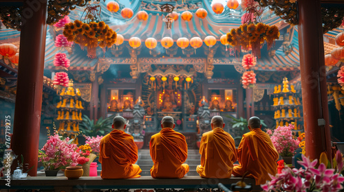  Buddhist monks performing rituals and offering prayers for the New Year, ai 