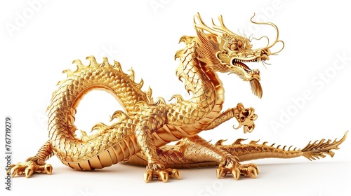Chinese Golden Dragon on White Background. Gold  Traditional  Religion  Tradition  Holy  Wealth  Religious  Symbolic  Year  Luck  God  Monster  Faith  Figure  Feng  Shui  Tao 
