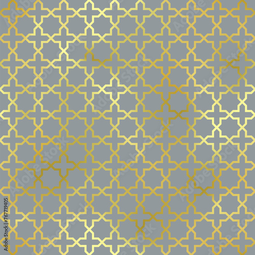 Oriental style seamless pattern. Vector foil gold ornament on grey background. Islamic traditional texture for backgrounds  wallpapers  textile patterns  decoration