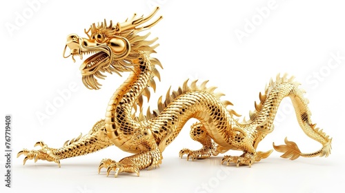 Chinese Golden Dragon on White Background. Gold  Traditional  Religion  Tradition  Holy  Wealth  Religious  Symbolic  Year  Luck  God  Monster  Faith  Figure  Feng  Shui  Tao 