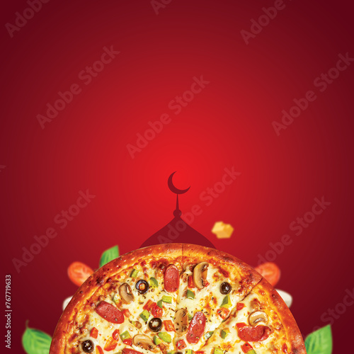 New moon with pizza, Ramadan moon concept also for EID celebration. Pizza restaurant Eid concept on red background. Half moon on pizza. Ramadan, Eid, Eid-ul-Azha and restaurant concept.