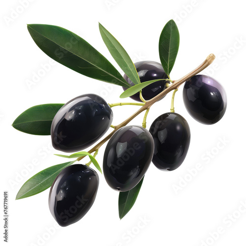 Black olives with leaves isolated on transparent background