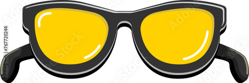 Black sunglasses with yellow lens isolated on white background. Cartoon funny kids pink summer sunglasses icon, label and sign. Cool hipster Sunglasses vector graphic illustration