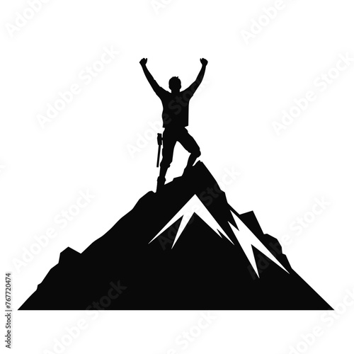 Man celebrates success at the top of the mountain. Silhouette of a man on top of the mountain black icon on white background