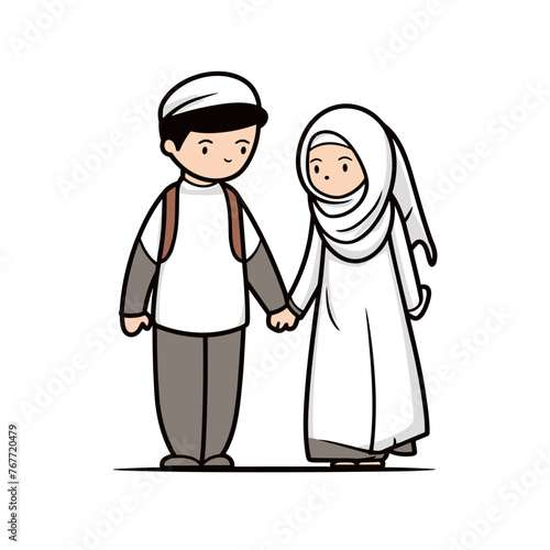 Muslim couple hand-drawn comic illustration. Muslim couple. Vector doodle style cartoon illustration