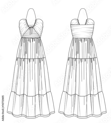 	
women drawstring front,off shoulder long dress.,smocked dress, fashion vector,flat cad	
