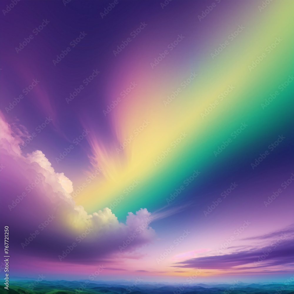 Abstract colorful background. Purple green yellow sky with clouds. Copy space. For design. Multicolored. Beautiful fantasy sky. Magical, fantastic. Web banner. Wide. Panoramic.
