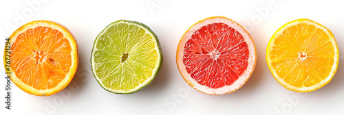 Isolated citrus slices. Fresh fruits cut in half (orange, pink grapefruit, lime, lemon) in a row isolated on white background. generative ai 
