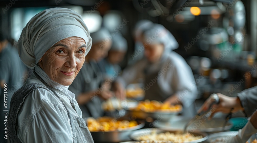 Woman in head scarf waits in buffet line, ready to share a meal at the event
