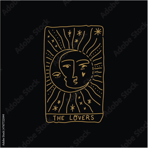 The Lovers moon and sun black and gold whimsical Tarot logo or label, magic cards reader, hand-drawn sketch brush simple minimal print for magical esoteric souvenirs. Witchy female hand drawn magic