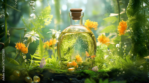 A bottle of perfume with flowers inside. Volumetric lighting, Flowers, Petals, Grass, Plants, Leaves. Perfume inside different flowers wreath. Aromatherapy elegance luxury perfume