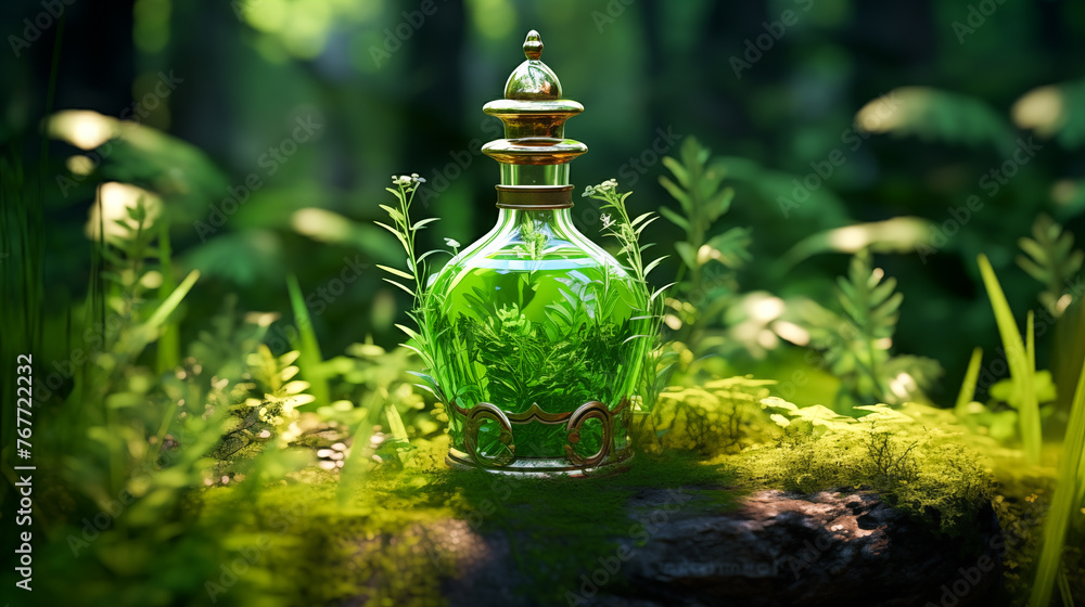 A bottle of perfume with flowers inside. Volumetric lighting, Flowers, Petals, Grass, Plants, Leaves. Perfume inside different flowers wreath. Aromatherapy elegance luxury perfume A bottle of perfume with flowers inside. Volumetric lighting, Flowers, Petals, Grass, Plants, Leaves. Perfume inside different flowers wreath. Aromatherapy elegance luxury perfume