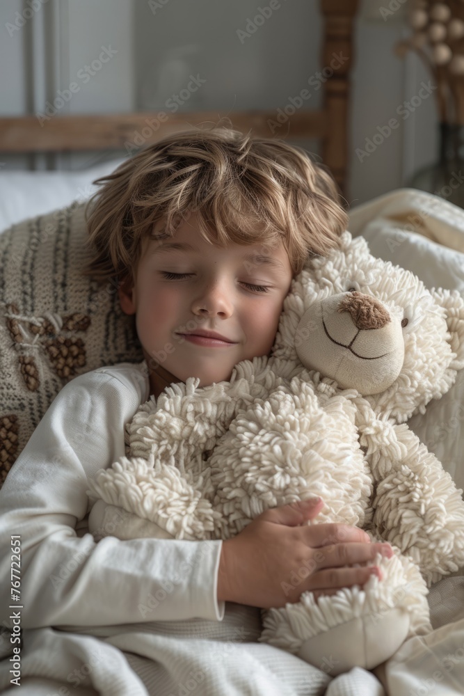 The little boy sleeps with a big teddy bear The little boy sleeps with a big teddy bear