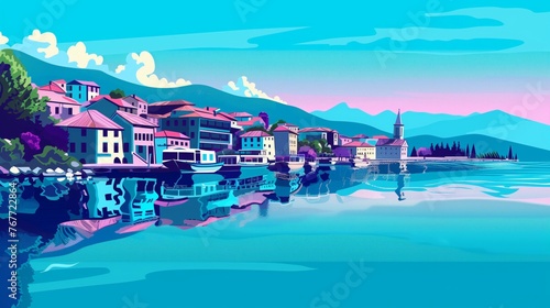 vibrant illustrated scene of a tranquil mountain lake village at dawn