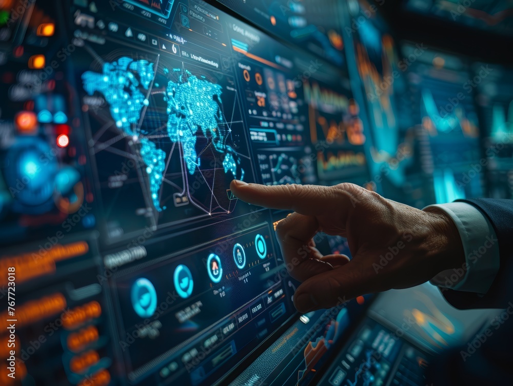 A business professional's hand interacting with a high-tech screen displaying global data analytics and network connections. A business professional's hand interacting with a high-tech screen displaying global data analytics and network connections.