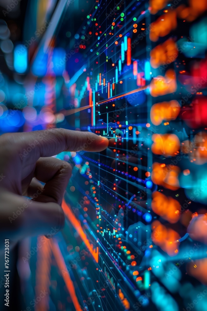 A close up of a finger pointing to a digital financial chart