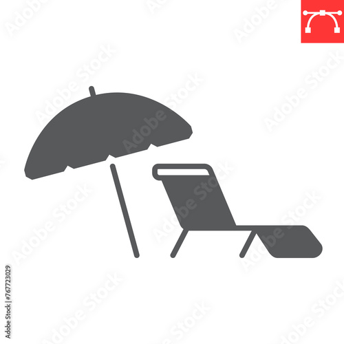 Umbrella and sun lounger glyph icon, summer and vacation, parasol and sunbed vector icon, vector graphics, editable stroke solid sign, eps 10.