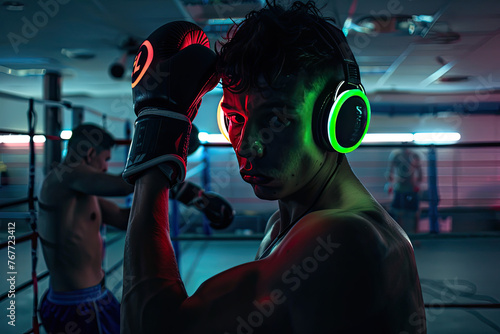 a male boxer with neon headphones boxing in a boxin studio against another boxer, pov, moody, dark, neon, film , esthtetic photo