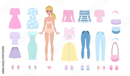 Paper doll clothes. Cute girl with clothes. Clothes set, collection. Vector illustration. Doll for children play, cutouts. Dress up stickers. Toy, game. Fashion girl dresses, jeans, t shirt. Baby doll