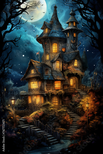 Illustration of a fairytale house with a lot of details. Tales of European peoples. Halloween. Generative AI tools © Daria Sauer