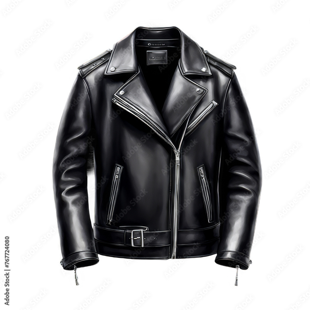Naklejka premium A sleek black leather jacket with silver hardware, moto style design, men's clothing, for ad promotion, fashion, riding outfit, chain, watercolor illustration, clipart, casual, for scrapbook