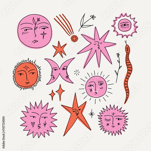 Funny groovy whimsical cute stylish freaky cool funny doodle stellar characters. Hand-drawn set of crescent moon, sun, comets and snake. Cartoon poster abstraction collection art