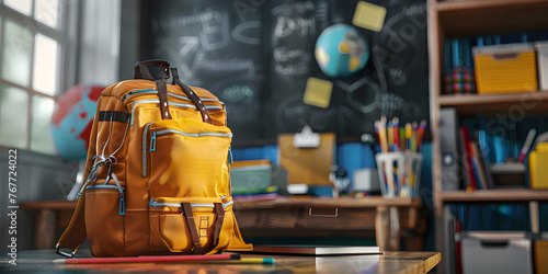 Full backpack with school items with dark background photo