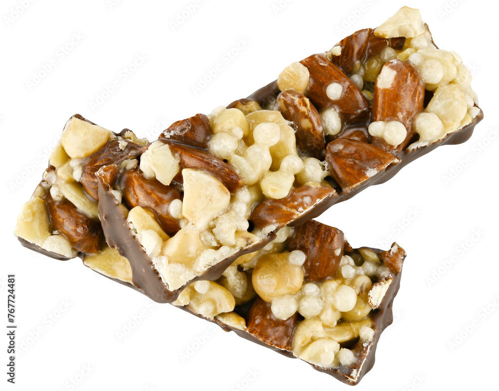 Granola nut bars in chocolate glaze isolated on a transparent background. Completely in focus. Top view. Granola nut bars in chocolate glaze isolated on a transparent background. Completely in focus. Top view.