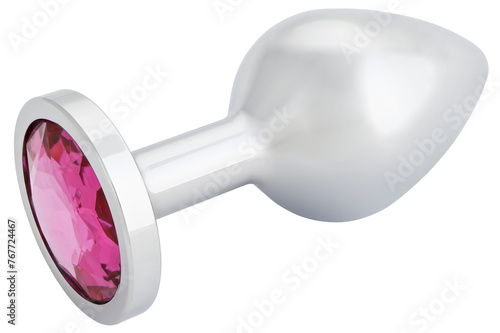 Stainless steel anal butt plug with a pink crystal isolated on a transparent background. Completely in focus. photo