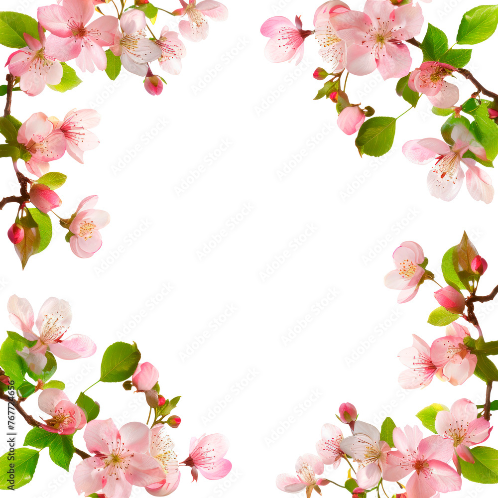 Frame with pink cherry blossom flower. Isolated on transparent background.