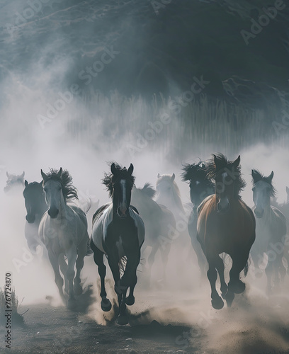 majestic high angle beautiful photo of a herd of wild horses galloping through low lying mist on a remote
