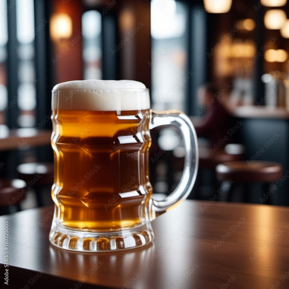 Beer Glass Mug With Handle With Light Yellow Beer With Foam. Beer on the table in a cafe, bokeh effect, tilt-shift photo. A picture for advertising alcoholic beverages. AI Generated. Beer pub