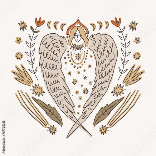 Whimsical alkonost syrin folk slavic mythology bird woman character. Fairytale vector illustration, hand-drawn magic boho esoteric fairy book illustration clipart art