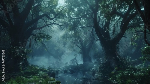 A mystical forest shrouded in mist, where ancient trees twist and intertwine, creating hidden pathways that lead to secret glades and forgotten ruins. 

 photo