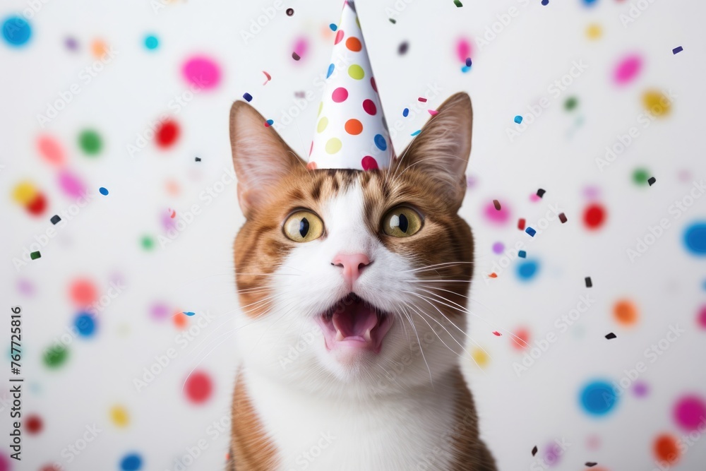 Cute adorable birthday cat with confetti, and in party hat sitting on white background. Cute adorable birthday cat with confetti, and in party hat sitting on white background.