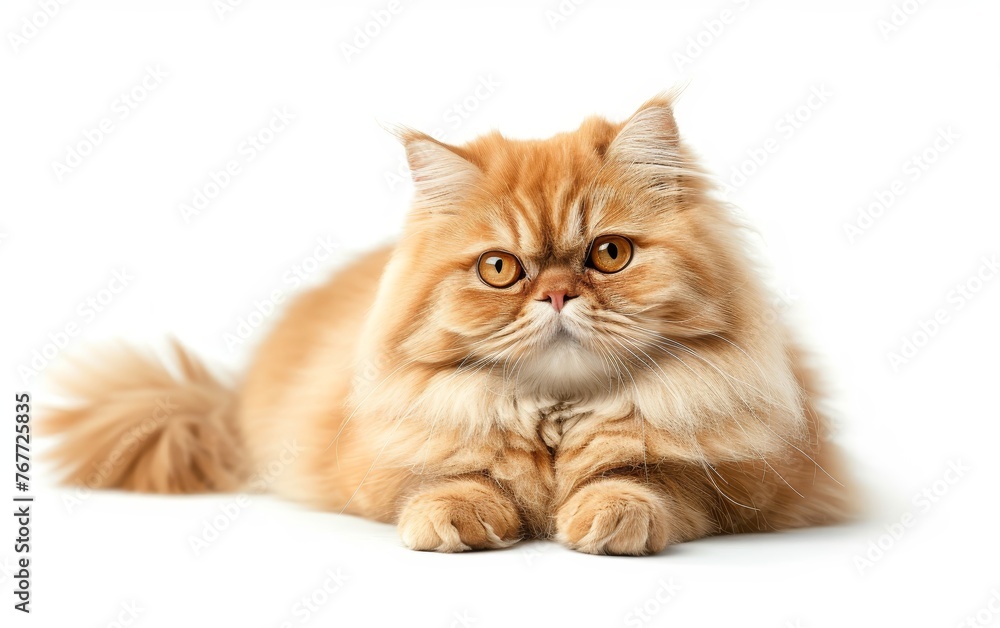 Adorable and beautiful red fluffy Persian cat lies isolated on a white background.