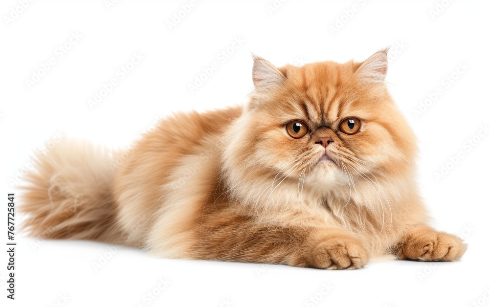 A fluffy Persian cat lies comfortably, its soft fur and adorable features beautifully isolated against a white background.
